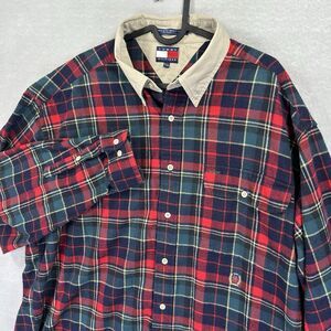 VTG Tommy Hilfiger Shirt Men XL Plaid Flannel Tan Collar Long Sleeve Cotton 90s